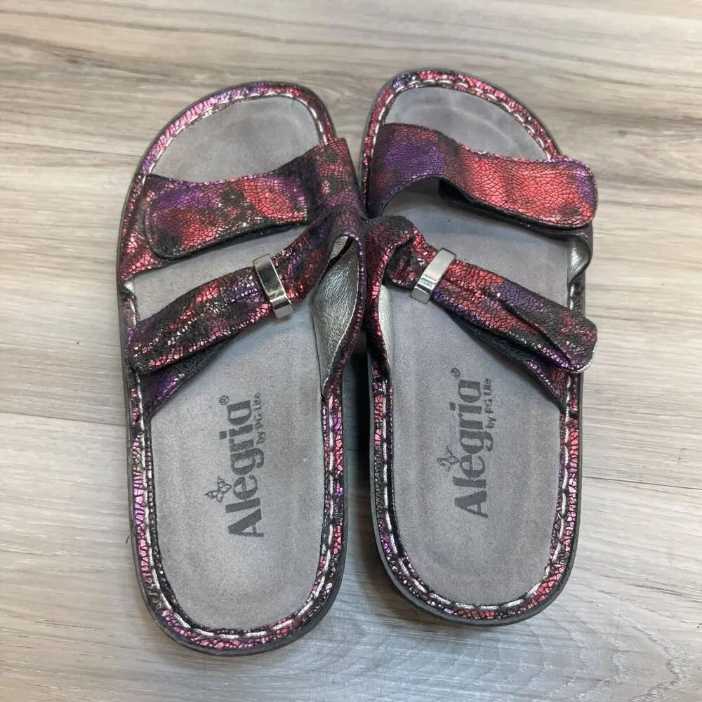 Alegria Karmen KAR-235 EU 37 7 -7.5  Pink‎ Purple Metallic Leather Slide Sandals